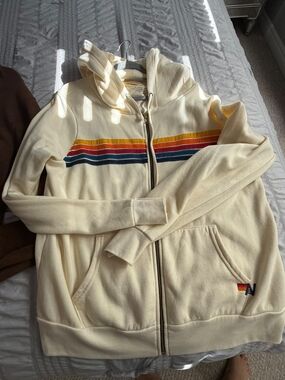 Aviator Nation Cream Zip Hoodie with Rainbow Stripe